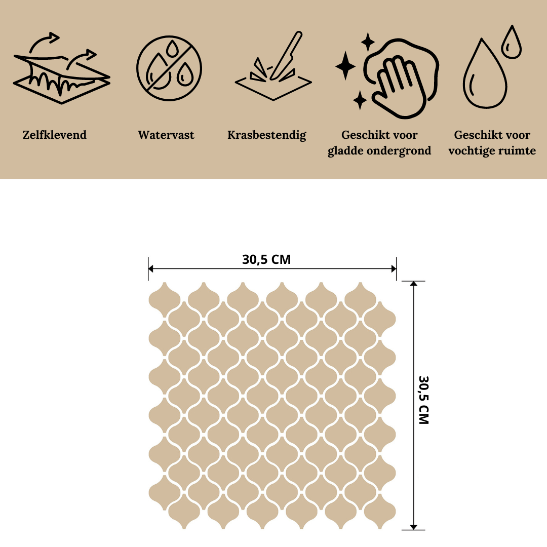 Beige plaktegels zelfklevende tegels Arabian Drops met afmetingen en specificaties