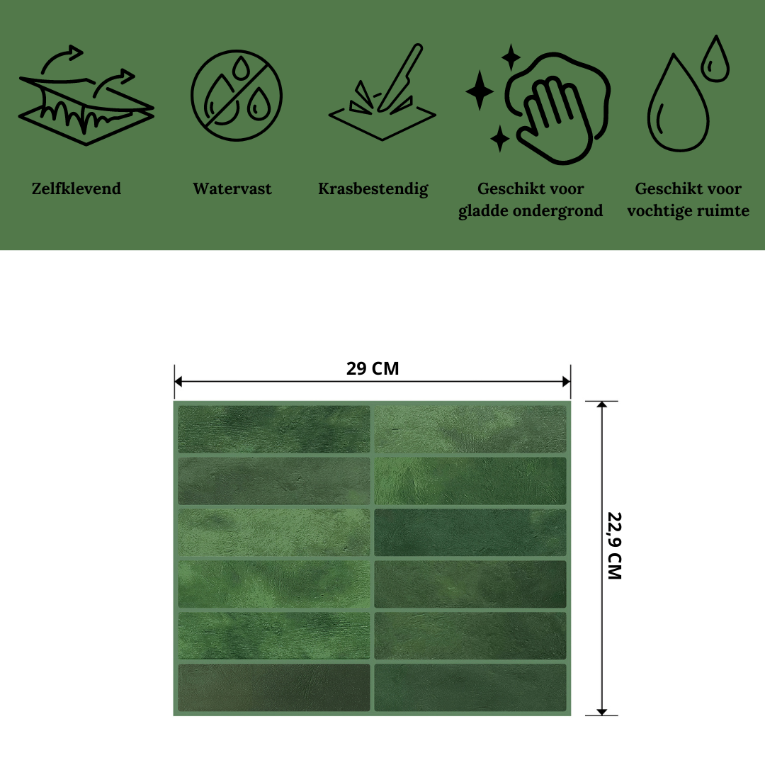 Groene plaktegels zelfklevende tegels Mossy Green met afmetingen en specificaties